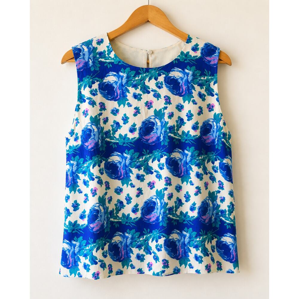 90s VTG Blue Floral Silk Sleeveless Blouse L Talbots Cottagecore Top